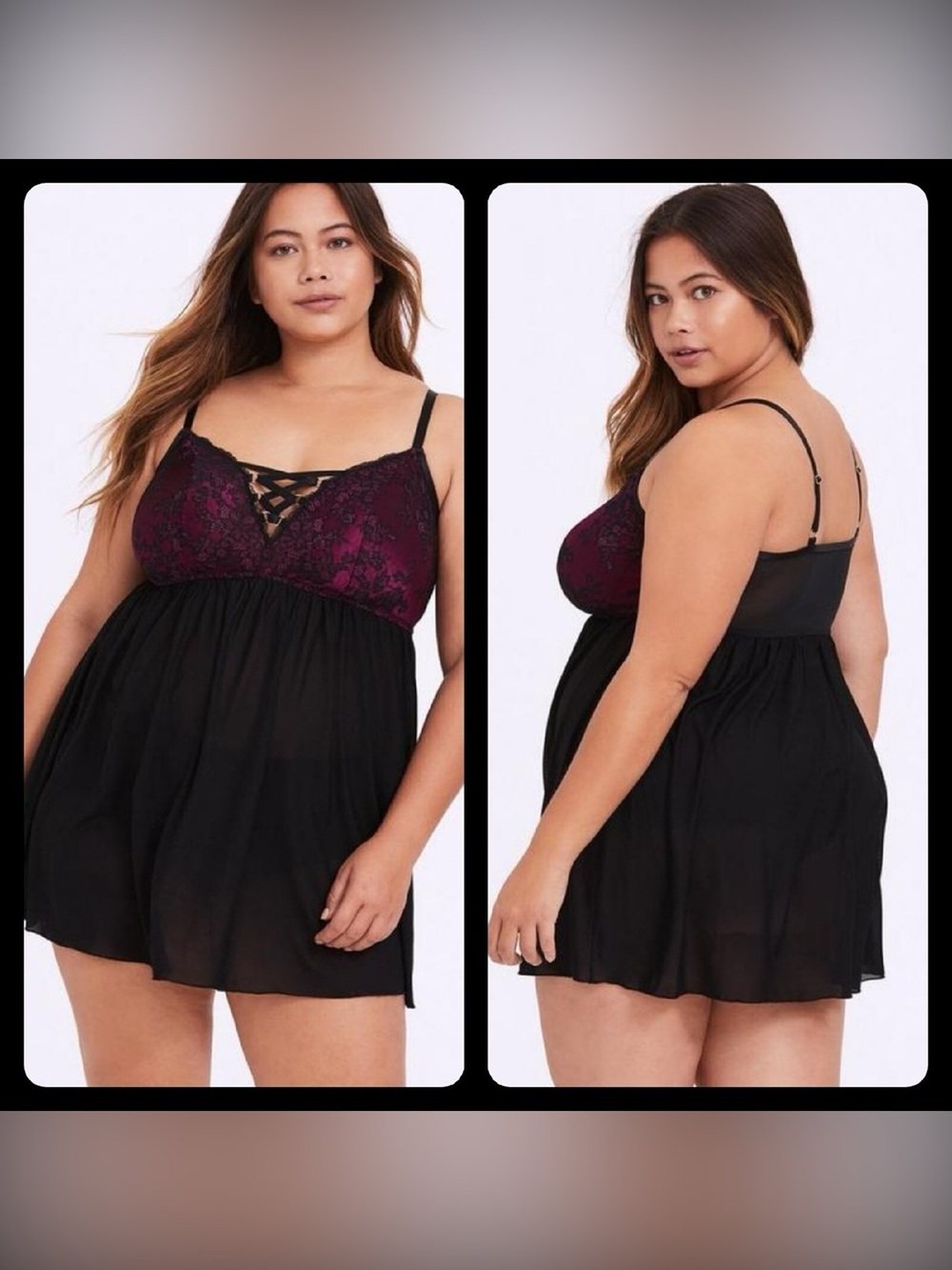 Torrid curve black mesh & berry lattice babydoll lingerie